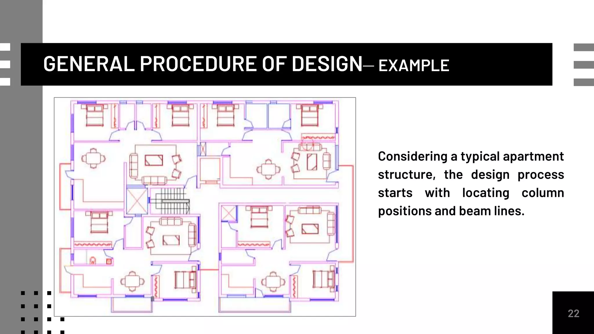 GENERAL PROCEDURE OF DESIGN– EXAMPLE
22
Considering a typical apartment
structure, the design process
starts with locating column
positions and beam lines.
 