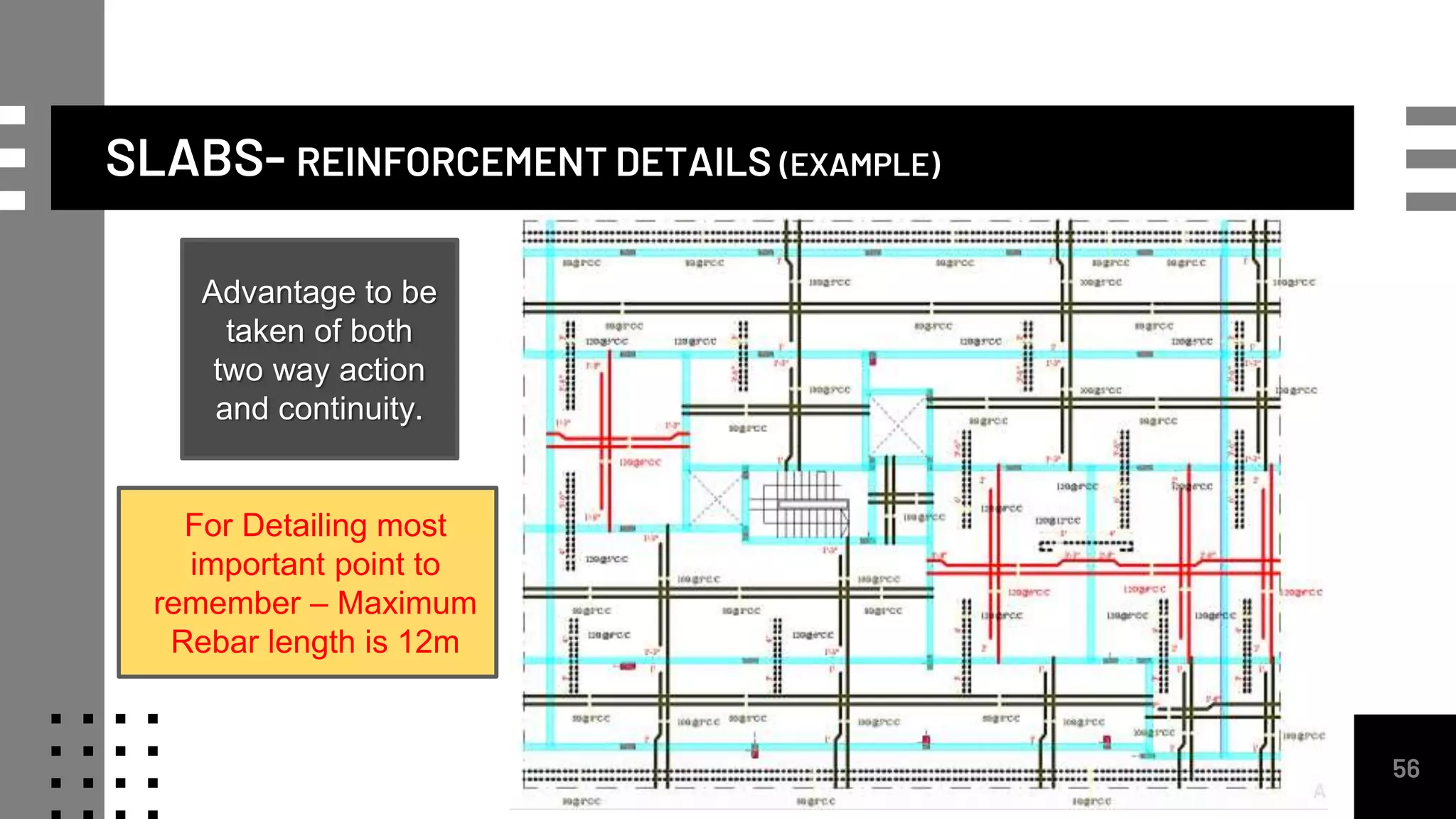 SLABS- REINFORCEMENT DETAILS (EXAMPLE)
56
Advantage to be
taken of both
two way action
and continuity.
For Detailing most
important point to
remember – Maximum
Rebar length is 12m
 
