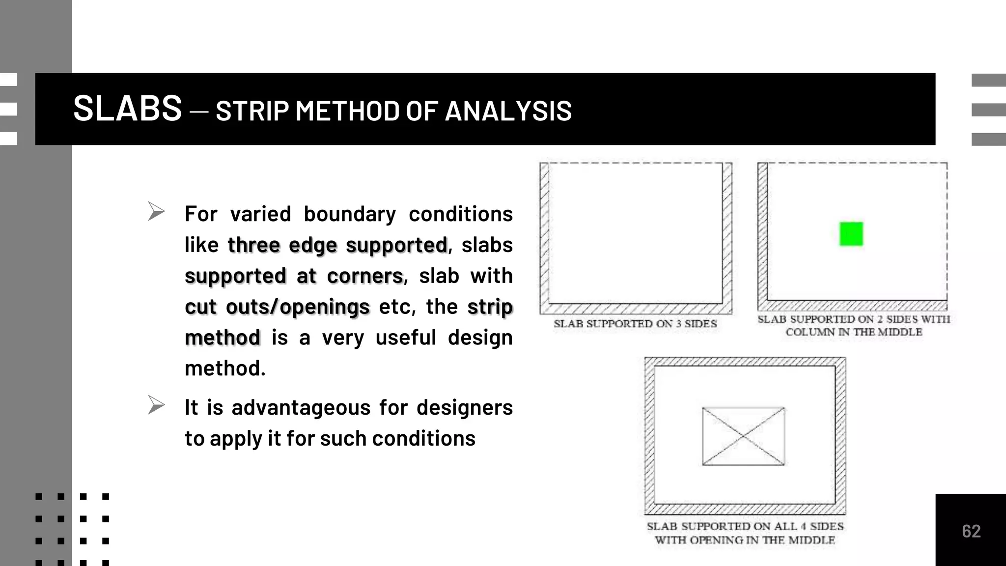 SLABS – STRIP METHOD OF ANALYSIS
 For varied boundary conditions
like three edge supported, slabs
supported at corners, slab with
cut outs/openings etc, the strip
method is a very useful design
method.
 It is advantageous for designers
to apply it for such conditions
62
 