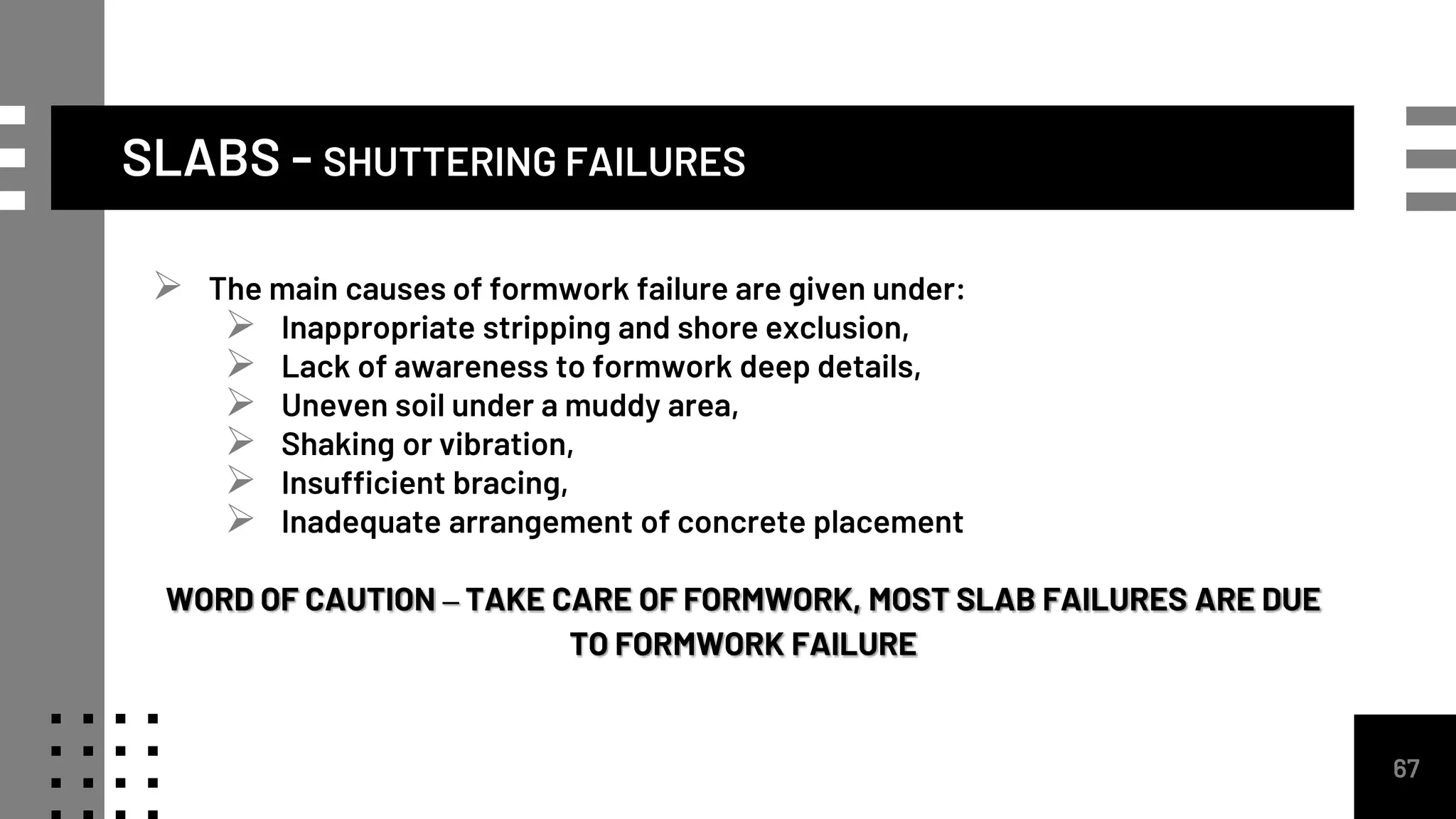 SLABS - SHUTTERING FAILURES
67
 The main causes of formwork failure are given under:
 Inappropriate stripping and shore exclusion,
 Lack of awareness to formwork deep details,
 Uneven soil under a muddy area,
 Shaking or vibration,
 Insufficient bracing,
 Inadequate arrangement of concrete placement
WORD OF CAUTION – TAKE CARE OF FORMWORK, MOST SLAB FAILURES ARE DUE
TO FORMWORK FAILURE
 