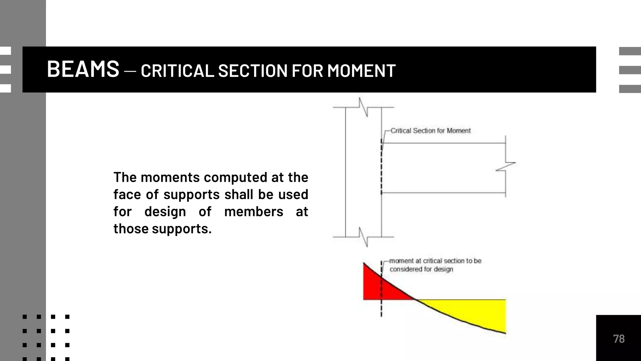BEAMS – CRITICAL SECTION FOR MOMENT
78
The moments computed at the
face of supports shall be used
for design of members at
those supports.
 