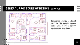 GENERAL PROCEDURE OF DESIGN– EXAMPLE
22
Considering a typical apartment
structure, the design process
starts with locating column
positions and beam lines.
 
