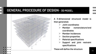 GENERAL PROCEDURE OF DESIGN– 3D MODEL
A 3-dimensional structural model is
then generated.
 Joint coordinates
 Member nomenclature/end
coordinates
 Member incidences
 Section properties
 Material specifications
 Support and joint restraint
specifications
These will define the structure
34
 