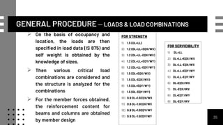 GENERAL PROCEDURE – LOADS & LOAD COMBINATIONS
 On the basis of occupancy and
location, the loads are then
specified in load data (IS 875) and
self weight is obtained by the
knowledge of sizes.
 Then various critical load
combinations are considered and
the structure is analyzed for the
combinations
 For the member forces obtained,
the reinforcement content for
beams and columns are obtained
by member design
35
FOR STRENGTH
1) 1.5 (DL+LL)
2) 1.2 (DL+LL+EQX/WX)
3) 1.2 (DL+LL-EQX/WX)
4) 1.2 (DL+LL+EQY/WY)
5) 1.2 (DL+LL-EQY/WY)
6) 1.5 (DL+EQX/WX)
7) 1.5 (DL-EQX/WX)
8) 1.5 (DL+EQY/WY)
9) 1.5 (DL-EQY/WY)
10) 0.9 DL+1.5EQX/WX
11) 0.9 DL-1.5EQX/WX
12) 0.9 DL+1.5EQY/WY
13) 0.9 DL-1.5EQY/WY
FOR SERVICIBILITY
1) DL+LL
2) DL+LL+EQX/WX
3) DL+LL-EQX/WX
4) DL+LL+EQY/WY
5) DL+LL-EQY/WY
6) DL+EQX/WX
7) DL-EQX/WX
8) DL+EQY/WY
9) DL-EQY/WY
 