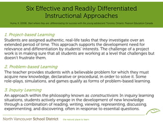Six Effective and Readily Differentiated
                          Instructional Approaches
   Hume, K. (2008). Start where they are: differentiating for success with the young adolescent. Toronto, Ontario: Pearson Education Canada




1. Project-based Learning
Students are assigned authentic, real-life tasks that they investigate over an
extended period of time. This approach supports the development need for
relevance and differentiation by students’ interests. The challenge of a project
work is in making sure that all students are working at a level that challenges but
doesn’t frustrate them.

2. Problem-based Learning
The teacher provides students with a believable problem for which they must
acquire new knowledge, declarative or procedural, in order to solve it. Some
role-plays, simulations, and games qualify as forms of problem-based learning.

3. Inquiry Learning
An approach within the philosophy known as constructivism. In inquiry learning
situations, students actively engage in the development of new knowledge
through a combination of reading, writing, viewing, representing, discussing,
experimenting, and discovering, often in response to essential questions.
 