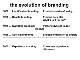 the evolution of branding 1850 … Identification branding: Products/services/quality 1950 … Benefit branding: Product benefits/ What ’ s in it for me? 1970 … Symbolic branding:  Personality/user image/  lifestyle 1995 … Societal branding:  Ethics/contribution to society ------------------------------------------------------------------------------------------- 2005 … Experience branding:  Consumer experience/  all senses 