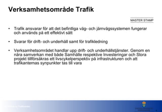 Verksamhetsområde Trafik Trafik ansvarar för att det befintliga väg- och järnvägssystemen fungerar och används på ett effektivt sätt  Svarar för drift- och underhåll samt för trafikledning  Verksamhetsområdet handlar upp drift- och underhållstjänster. Genom en nära samverkan med både Samhälle respektive Investeringar och Stora projekt tillförsäkras ett livscykelperspektiv på infrastrukturen och att trafikanternas synpunkter tas till vara 