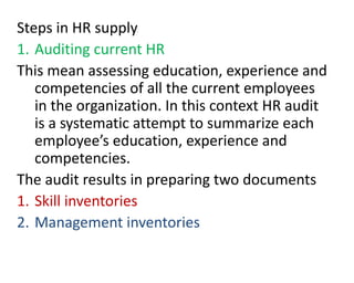 Steps in HR supply
1. Auditing current HR
This mean assessing education, experience and
competencies of all the current em...