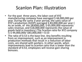 Scanlon Plan: Illustration
• For the past three years, the labor cost of XYZ
manufacturing company have averaged $ 44,000,000 per
year. During the same 3-year period, the sales value of
XYZ’s production (SVOP) averaged $ 83,000,000 per year (
As an aside, of the $83000,000, $ 65,000,000 represents
sales revenue, and $18,000,000 represents the value of
goods held in inventory.) The Scanlon ratio for XYZ company
is $ 44,000,000/ $83,000,000 = 0.53
• The ratio of 0.53 is the base line. Any benefits resulting
from an improvement, such as an improvement in
production methods that result in a reduction of labor
costs, are shared with workers. In other words, when
improvements lead to Scanlon ratio that is lower than the
standard of 0.53, employees will receive gain sharing
bonuses.
 