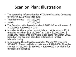 Scanlon Plan: Illustration
• The operating information for XYZ Manufacturing Company
for March 2011 was as follows:
• Total labor cost: $ 3,100,000
• SVOP: $ 7,200,000
 The Scanlon ratio, based on March 2011 information was: $
3,100,000/ 7,200,000 = 0.43
 In order for there to be payout, labor cost for march 2011
must be less than $3,816,000 ( i.e. 0.53 x $7,200,000); $
3,816,000 represents allowable labor costs for March 2003,
based on the Scanlon standard established for XYZ
Manufacturing
 In summary, the allowable costs for March 2011 were $
3816,000. The actual labor costs were $ 3100,000. Thus the
savings $ 716,000 ( $3816,000 – 3,100,000) is available for
distribution as bonus
 