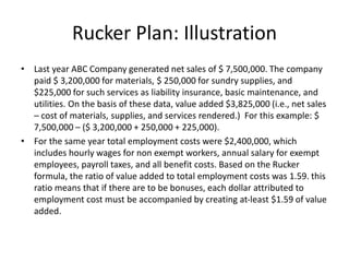 Rucker Plan: Illustration
• Last year ABC Company generated net sales of $ 7,500,000. The company
paid $ 3,200,000 for materials, $ 250,000 for sundry supplies, and
$225,000 for such services as liability insurance, basic maintenance, and
utilities. On the basis of these data, value added $3,825,000 (i.e., net sales
– cost of materials, supplies, and services rendered.) For this example: $
7,500,000 – ($ 3,200,000 + 250,000 + 225,000).
• For the same year total employment costs were $2,400,000, which
includes hourly wages for non exempt workers, annual salary for exempt
employees, payroll taxes, and all benefit costs. Based on the Rucker
formula, the ratio of value added to total employment costs was 1.59. this
ratio means that if there are to be bonuses, each dollar attributed to
employment cost must be accompanied by creating at-least $1.59 of value
added.
 