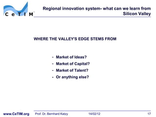 Regional innovation system- what can we learn from
                                                          Silicon Valley




                WHERE THE VALLEY'S EDGE STEMS FROM



                            - Market of Ideas?
                            - Market of Capital?
                            - Market of Talent?
                            - Or anything else?




www.CeTIM.org   Prof. Dr. Bernhard Katzy       14/02/12               17
 