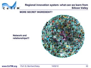 Regional innovation system- what can we learn from
                                                          Silicon Valley
                MORE SECRET INGREDIENT?




         Network and
         relationships!!!




www.CeTIM.org   Prof. Dr. Bernhard Katzy   14/02/12                   20
 