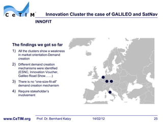 Innovation Cluster the case of GALILEO and SatNav
                      INNOFIT




    The findings we got so far
    1) All the clusters show a weakness
        in market orientation-Demand
        creation
    2) Different demand creation
        mechanisms were identified
        (ESNC, Innovation Voucher,
        Galileo Road Show……)
    3) There is no “one-size-fit-all”
        demand creation mechanism
    4) Require stakeholder’s
        involvement




www.CeTIM.org         Prof. Dr. Bernhard Katzy   14/02/12                  25
 