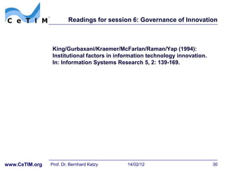 Readings for session 6: Governance of Innovation



                King/Gurbaxani/Kraemer/McFarlan/Raman/Yap (1994):
                Institutional factors in information technology innovation.
                In: Information Systems Research 5, 2: 139-169.




www.CeTIM.org   Prof. Dr. Bernhard Katzy    14/02/12                          30
 