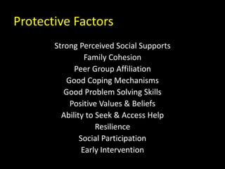 Protective Factors
Strong Perceived Social Supports
Family Cohesion
Peer Group Affiliation
Good Coping Mechanisms
Good Problem Solving Skills
Positive Values & Beliefs
Ability to Seek & Access Help
Resilience
Social Participation
Early Intervention
 