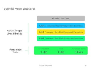 9,90 € / semaine : likes illimités pendant 1 semaine
Achats in-app 
Likes Illimités
Gratuit 3 likes / jour
Parrainage 
Viralité 1 like
Like Facebook
1 like
Tweet
5 likes
Parrainage 3 amis
Copyright @Pinpo 2016 11
Business Model Locataires
6,45 € / semaine : likes illimités pendant 2 semaines
4,90 € / semaine : likes illimités pendant 4 semaines
 