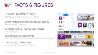 Wingit November 2015 Confidential - Do not share 6
> 350’000 REGISTERED USERS
20-40 years old, residents or visitors
APPLE EDITOR’S CHOICE ON MOBILE AND TV
Best New Apps Category
MULTIPLE TIMES #1 ON THE APPLE STORE
Travel Category
FAST GROWING COMMUNITY
110K+ NL subscribers, 20K followers on Twitter, 7K Facebook
“TOP 10 APP OF THE YEAR”
Vanity Fair, GQ Magazine, ELLE Magazine
FACTS & FIGURES
 