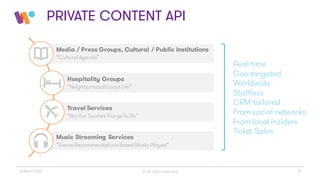 © All rights reserved 11WINGiT 2016
Media / Press Groups, Cultural / Public Institutions
“Cultural Agenda”
Hospitality Groups
“Neighborhood’sLocal Life”
Travel Services
“Not For TouristsThingsTo Do”
Music Streaming Services
“Events RecommendationsBased Music Played”
Real-time
Geo-targeted
Worldwide
Staffless
CRM-tailored
From social networks
From local insiders
Ticket Sales
PRIVATE CONTENT API
 