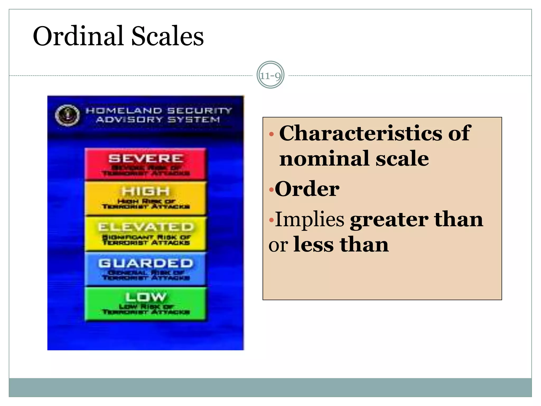 Ordinal Scales
• Characteristics of
nominal scale
•Order
•Implies greater than
or less than
11-9
 