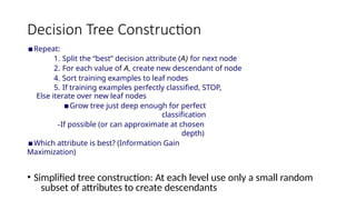 Decision Tree Construction
Repeat:
1. Split the “best” decision attribute (A) for next node
2. For each value of A, create new descendant of node
4. Sort training examples to leaf nodes
5. If training examples perfectly classified, STOP,
Else iterate over new leaf nodes
Grow tree just deep enough for perfect
classification
–If possible (or can approximate at chosen
depth)
Which attribute is best? (Information Gain
Maximization)
• Simplified tree construction: At each level use only a small random
subset of attributes to create descendants
 
