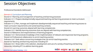 MATATAG Curriculum Training | 2024
Session Objectives
Professional Standards Addressed:
Domain 4. Curriculum and Planning
Strand 4.1 Planning and management of teaching and learning processes
Indicator 4.1.1 Prepare developmentally sequenced teaching and learning processes to meet curriculum
requirements.
Indicator 4.1.2 Plan, manage and implement developmentally sequenced teaching and learning process to
meet curriculum requirements and varied teaching contexts.
Strand 4.2 Learning outcomes aligned with learning competencies
Indicator 4.2.1 Identify learning outcomes that are aligned with learning competencies.
Strand 4.3 Relevance and responsiveness of learning programs
Indicator 4.3.1 Demonstrate knowledge of the implementation of relevant and responsive learning programs.
Strand 4.4 Professional collaboration to enrich teaching practice
Indicator 4.4.1 Seek advice concerning strategies that can enrich teaching practice.
Strand 4.5 Teaching and learning resources including ICT
Indicator 4.5.1 Show skills in the selection, development and use of a variety of teaching and learning
resources, including ICT, to address learning goals.
10
 