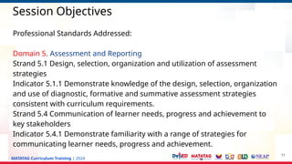 MATATAG Curriculum Training | 2024
Session Objectives
Professional Standards Addressed:
Domain 5. Assessment and Reporting
Strand 5.1 Design, selection, organization and utilization of assessment
strategies
Indicator 5.1.1 Demonstrate knowledge of the design, selection, organization
and use of diagnostic, formative and summative assessment strategies
consistent with curriculum requirements.
Strand 5.4 Communication of learner needs, progress and achievement to
key stakeholders
Indicator 5.4.1 Demonstrate familiarity with a range of strategies for
communicating learner needs, progress and achievement.
11
 