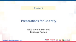 MATATAG Curriculum Training | 2024
Session 5
Preparations for Re-entry
Rose Marie E. Diocares
Resource Person
5
 