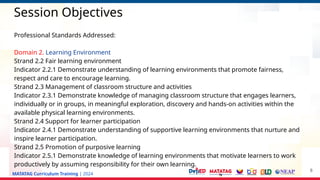 MATATAG Curriculum Training | 2024
Session Objectives
Professional Standards Addressed:
Domain 2. Learning Environment
Strand 2.2 Fair learning environment
Indicator 2.2.1 Demonstrate understanding of learning environments that promote fairness,
respect and care to encourage learning.
Strand 2.3 Management of classroom structure and activities
Indicator 2.3.1 Demonstrate knowledge of managing classroom structure that engages learners,
individually or in groups, in meaningful exploration, discovery and hands-on activities within the
available physical learning environments.
Strand 2.4 Support for learner participation
Indicator 2.4.1 Demonstrate understanding of supportive learning environments that nurture and
inspire learner participation.
Strand 2.5 Promotion of purposive learning
Indicator 2.5.1 Demonstrate knowledge of learning environments that motivate learners to work
productively by assuming responsibility for their own learning.
8
 