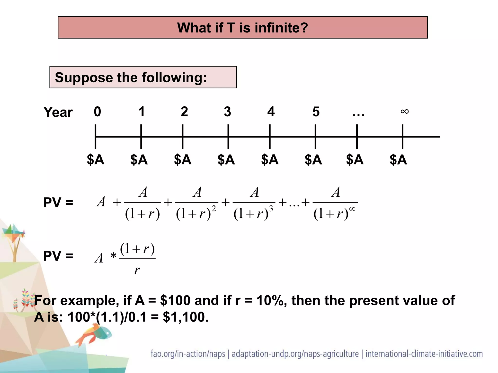 Suppose the following:
0 1 2 3 4 5 … ∞Year
$A $A $A $A $A $A $A $A
PV = 








)1(
...
)1()1()1( 32
r
A
r
A
r
A
r
A
A
PV =
r
r
A
)1(
*

For example, if A = $100 and if r = 10%, then the present value of
A is: 100*(1.1)/0.1 = $1,100.
What if T is infinite?
 