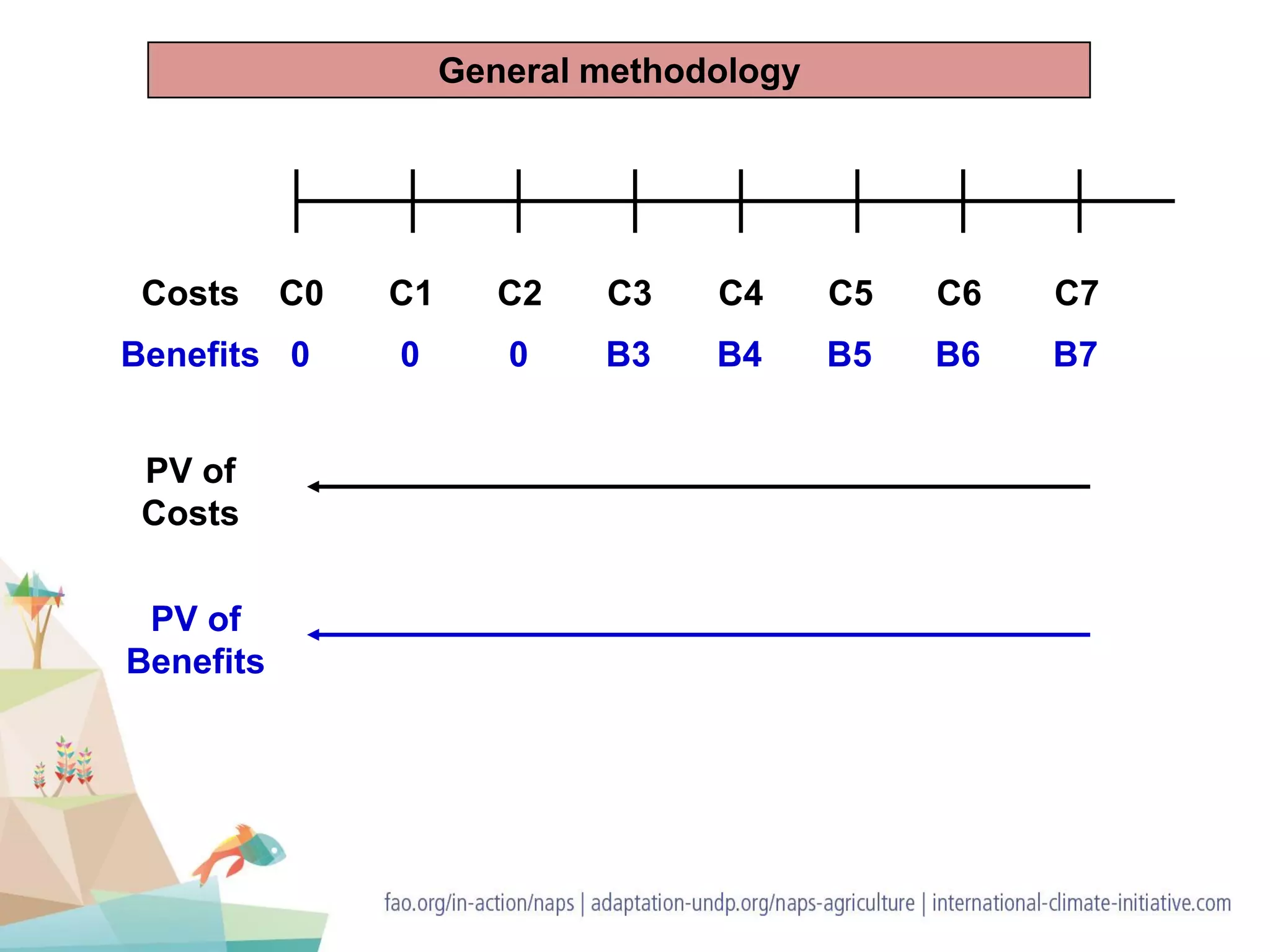 Costs
Benefits
C0 C1 C2 C3 C4 C5 C6 C7
0 0 0 B3 B4 B5 B6 B7
PV of
Costs
PV of
Benefits
General methodology
 