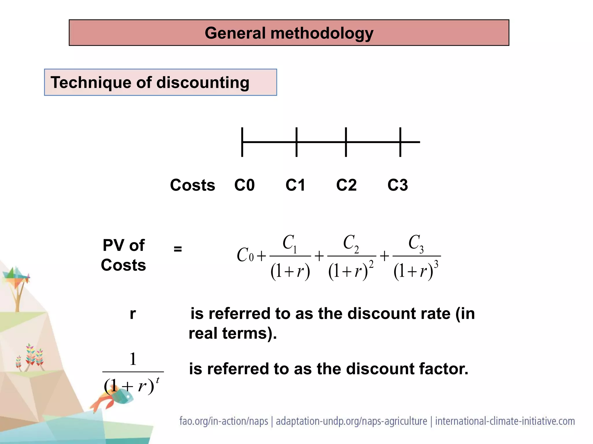 Costs C0 C1 C2 C3
PV of
Costs 3
3
2
21
0
)1()1()1( r
C
r
C
r
C
C





=
r is referred to as the discount rate (in
real terms).
t
r)1(
1

is referred to as the discount factor.
Technique of discounting
General methodology
 