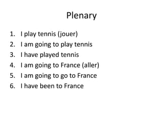 Plenary
1.   I play tennis (jouer)
2.   I am going to play tennis
3.   I have played tennis
4.   I am going to France (aller)
5.   I am going to go to France
6.   I have been to France
 