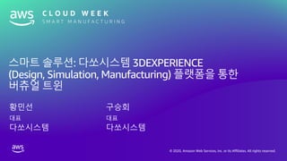 © 2020, Amazon Web Services, Inc. or its Affiliates. All rights reserved.
스마트 솔루션: 다쏘시스템 3DEXPERIENCE
(Design, Simulation, Manufacturing) 플랫폼을 통한
버츄얼 트윈
황민선
대표
다쏘시스템
구승회
대표
다쏘시스템
 