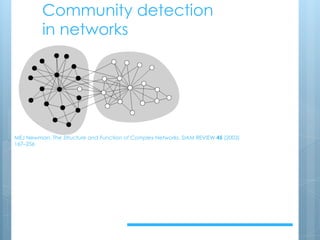 Community detection
in networks
MEJ Newman, The Structure and Function of Complex Networks, SIAM REVIEW 45 (2003)
167–256
 