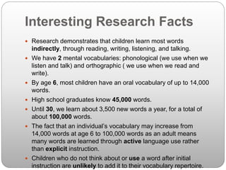 Interesting Research Facts
 Research demonstrates that children learn most words
indirectly, through reading, writing, listening, and talking.
 We have 2 mental vocabularies: phonological (we use when we
listen and talk) and orthographic ( we use when we read and
write).
 By age 6, most children have an oral vocabulary of up to 14,000
words.
 High school graduates know 45,000 words.
 Until 30, we learn about 3,500 new words a year, for a total of
about 100,000 words.
 The fact that an individual’s vocabulary may increase from
14,000 words at age 6 to 100,000 words as an adult means
many words are learned through active language use rather
than explicit instruction.
 Children who do not think about or use a word after initial
instruction are unlikely to add it to their vocabulary repertoire.
 