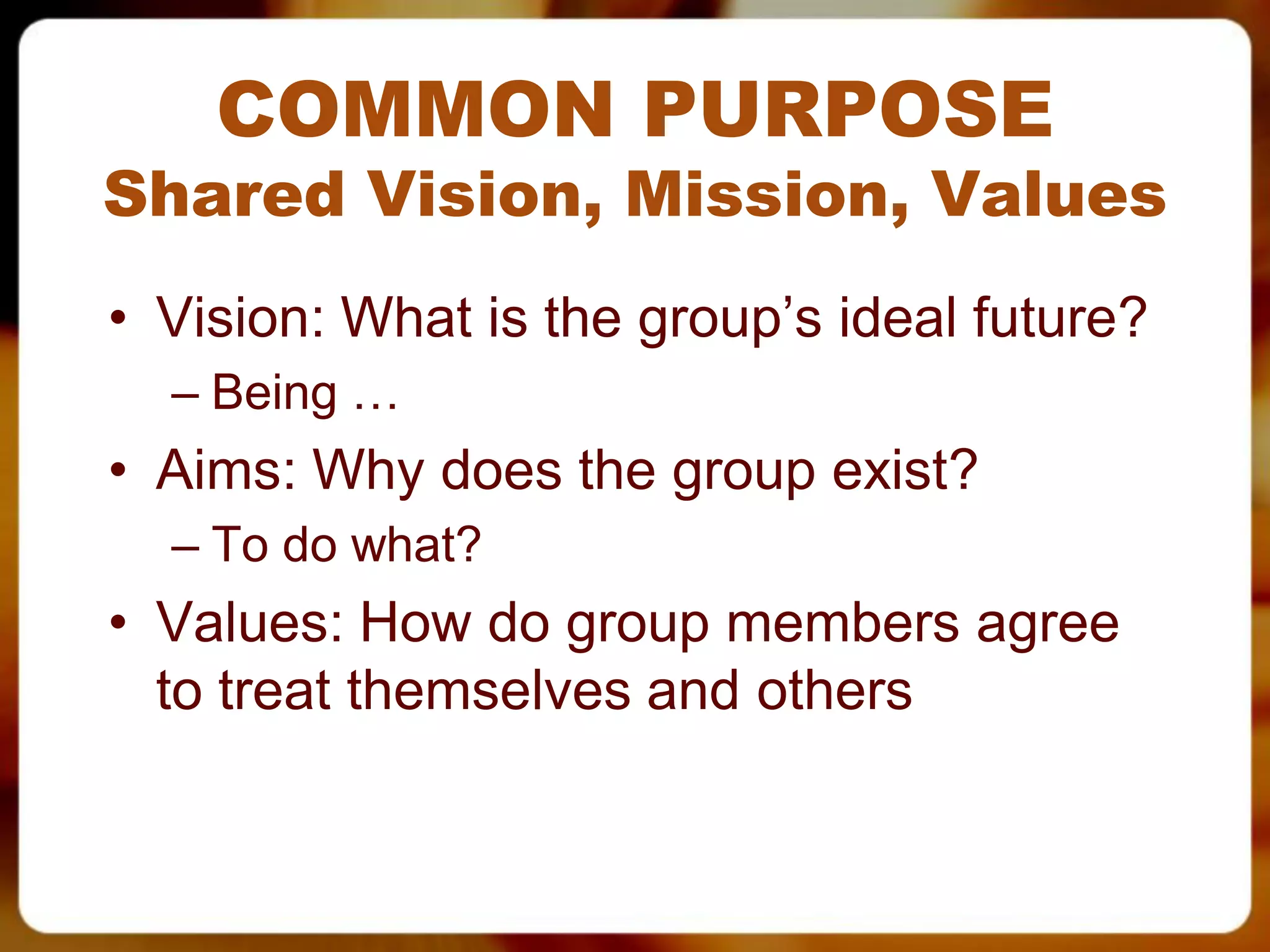 COMMON PURPOSE
Shared Vision, Mission, Values
• Vision: What is the group’s ideal future?
  – Being …
• Aims: Why does the group exist?
  – To do what?
• Values: How do group members agree
  to treat themselves and others
 