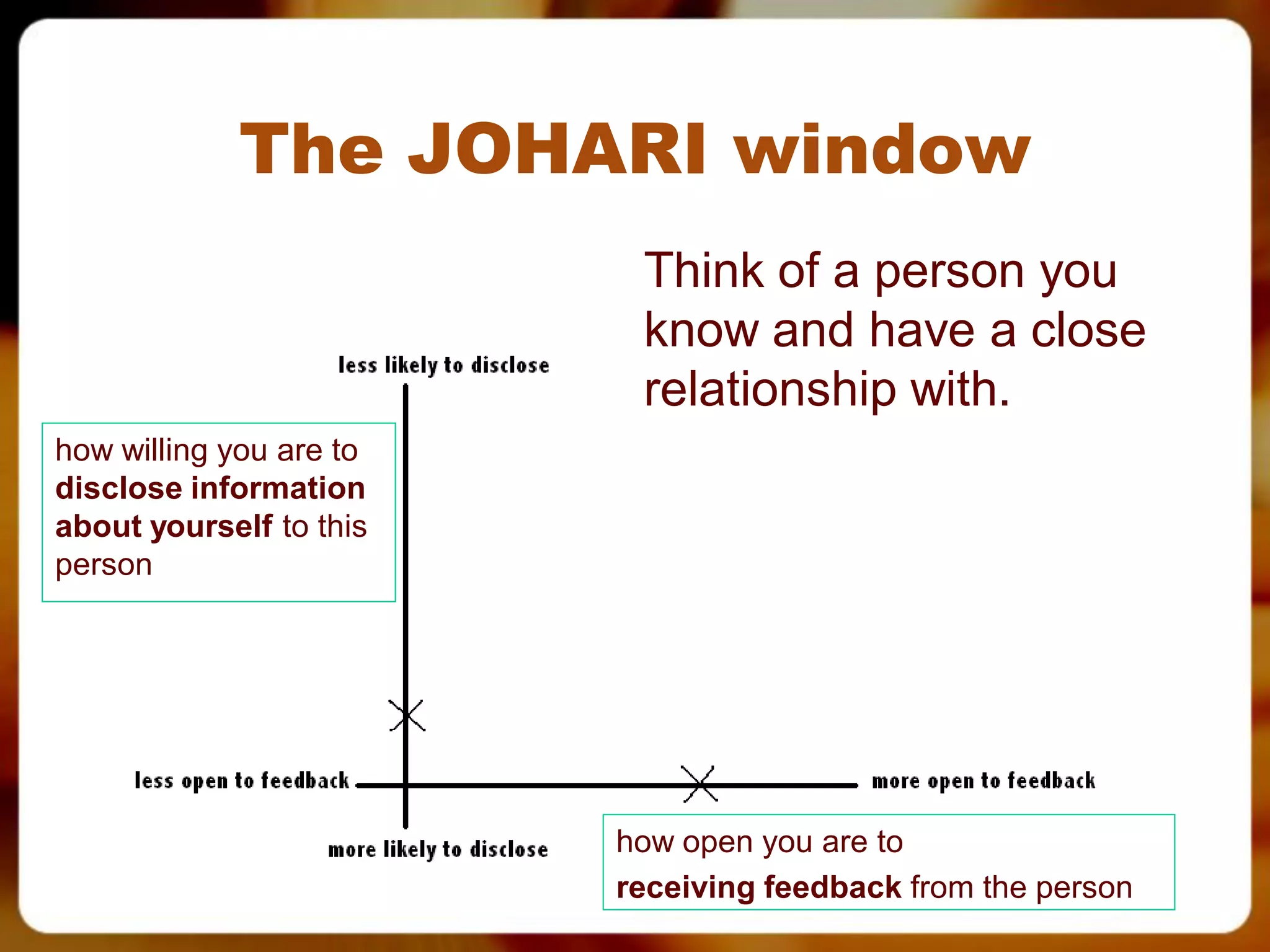 The JOHARI window
                          Think of a person you
                          know and have a close
                          relationship with.
how willing you are to
disclose information
about yourself to this
person




                         how open you are to
                         receiving feedback from the person
 