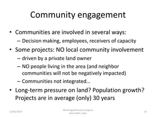Community engagement
• Communities are involved in several ways:
– Decision making, employees, receivers of capacity

• Some projects: NO local community involvement
– driven by a private land owner
– NO people living in the area (and neighbor
communities will not be negatively impacted)
– Communities not integrated…

• Long-term pressure on land? Population growth?
Projects are in average (only) 30 years
12/02/2014

World Agroforestry Congress
New Delhi, India

14

 