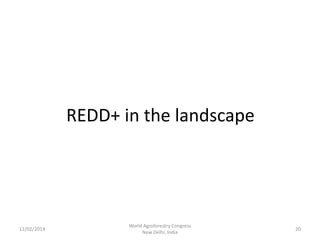 REDD+ in the landscape

12/02/2014

World Agroforestry Congress
New Delhi, India

20

 