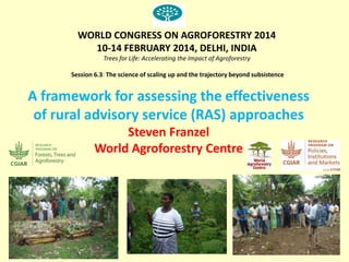 WORLD CONGRESS ON AGROFORESTRY 2014
10-14 FEBRUARY 2014, DELHI, INDIA
Trees for Life: Accelerating the Impact of Agroforestry

Session 6.3: The science of scaling up and the trajectory beyond subsistence

A framework for assessing the effectiveness
of rural advisory service (RAS) approaches
Steven Franzel
World Agroforestry Centre

 