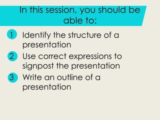 In this session, you should be
able to:
1 Identify the structure of a
presentation
2 Use correct expressions to
signpost the presentation
3 Write an outline of a
presentation
 