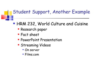 Student Support, Another Example
 HRM 232, World Culture and Cuisine
 Research paper
 Fact sheet
 PowerPoint Presentation
 Streaming Videos

On server

Films.com
 