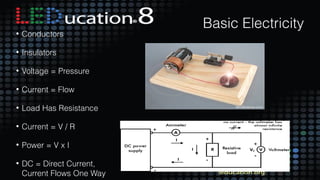 10
Basic Electricity
• Conductors
• Insulators
• Voltage = Pressure
• Current = Flow
• Load Has Resistance
• Current = V / R
• Power = V x I
• DC = Direct Current,
Current Flows One Way
 
