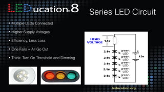 15
Series LED Circuit
• Multiple LEDs Connected
• Higher Supply Voltages
• Efficiency, Less Loss
• One Fails = All Go Out
• Think: Turn On Threshold and Dimming
 