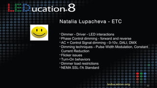 30
Natalia Lupacheva - ETC
• Dimmer - Driver - LED interactions
• Phase Control dimming - forward and reverse
• AC + Control Signal dimming - 0-10v, DALI, DMX
• Dimming techniques - Pulse Width Modulation, Constant
Current Reduction
• Flicker issues
• Turn-On behaviors
• Dimmer load restrictions
• NEMA SSL-7A Standard
 