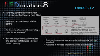 • Controls, luminaires, and wiring have to comply with the
standard
• Available in wireless implementations as well (WDMX)
• Two way communication between
controller and DMX device (with RDM)
• Requires two low-voltage wires for
control
• Addressing of up to 512 channels per
data link or “universe”
• Easy to assign individual control to
one or many light fixtures (devices)
without rewiring
 
