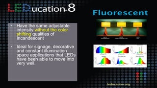 • Have the same adjustable
intensity without the color
shifting qualities of
Incandescent
• Ideal for signage, decorative
and constant illumination
space applications that LEDs
have been able to move into
very well.
 