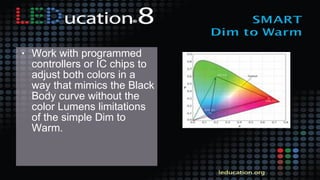 • Work with programmed
controllers or IC chips to
adjust both colors in a
way that mimics the Black
Body curve without the
color Lumens limitations
of the simple Dim to
Warm.
 