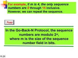 In the Go-Back-N Protocol, the sequence
numbers are modulo 2m,
where m is the size of the sequence
number field in bits.
For example, if m is 4, the only sequence
numbers are 0 through 15 inclusive.
However, we can repeat the sequence.
Note
11.31
 